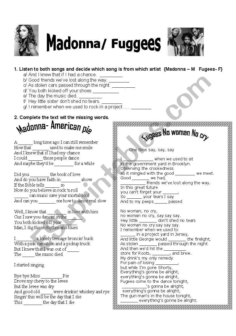 music Madona/ Fugees worksheet