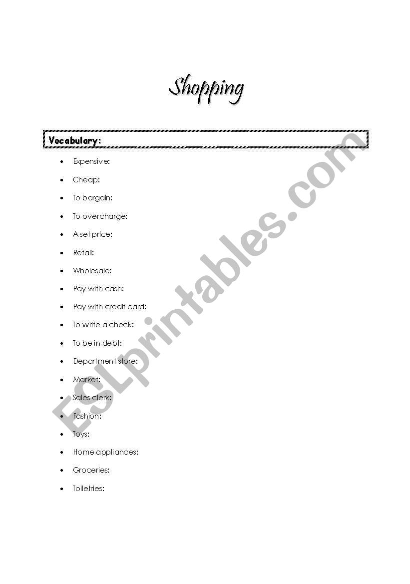 Shopping Lesson Sheet worksheet