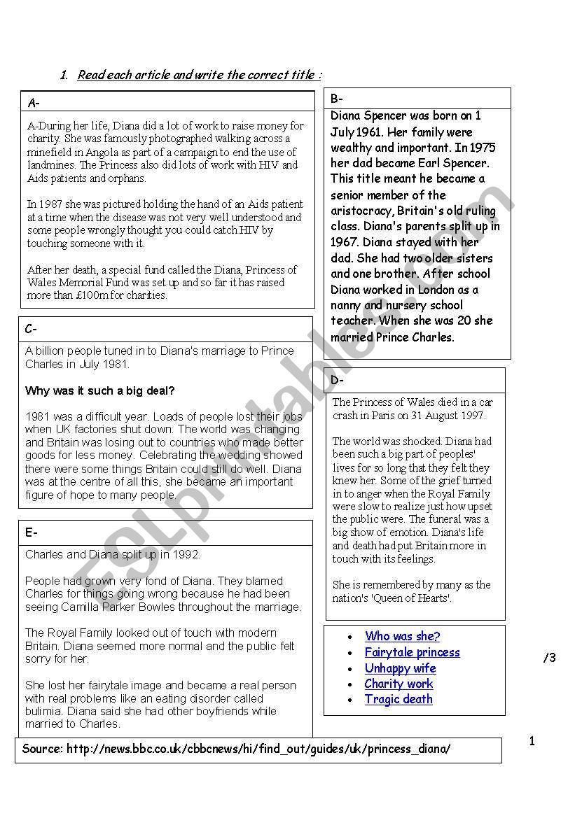 comprehension Diana worksheet