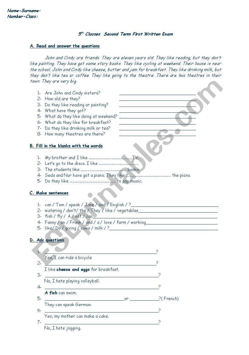 written test worksheet