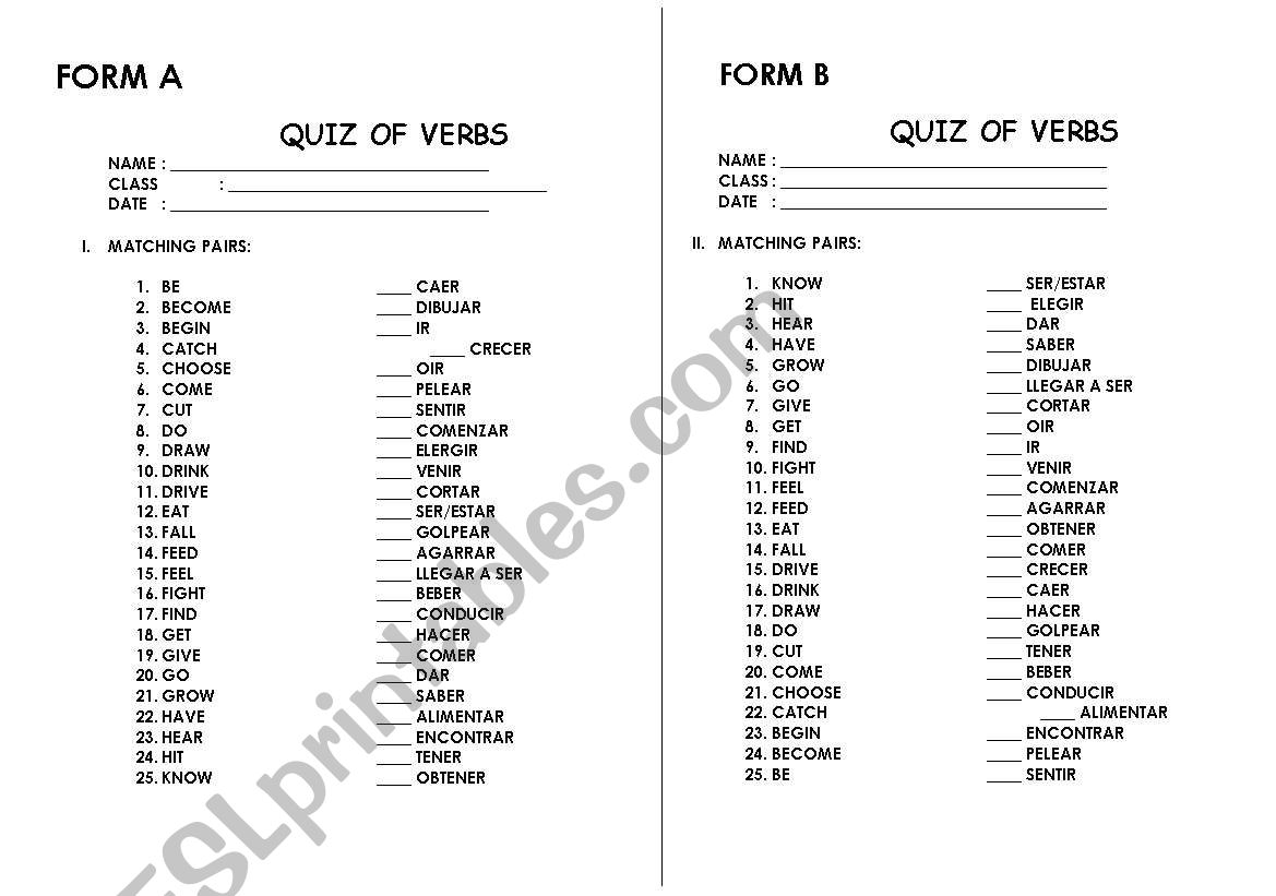 Quiz of verbs worksheet
