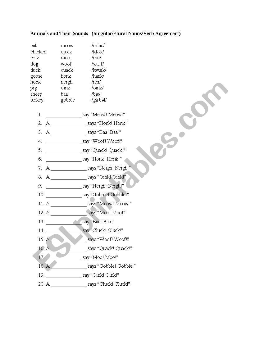 Animals and their sounds worksheet