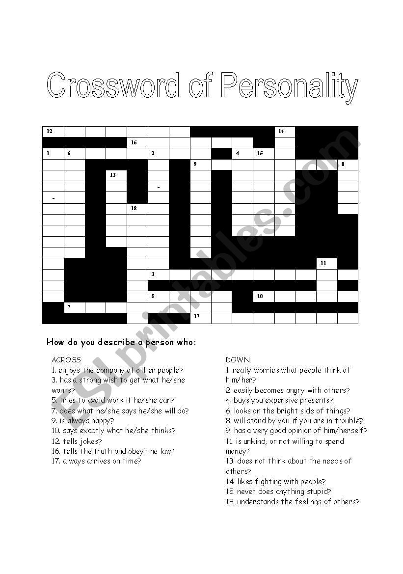 Crossword of Personality worksheet