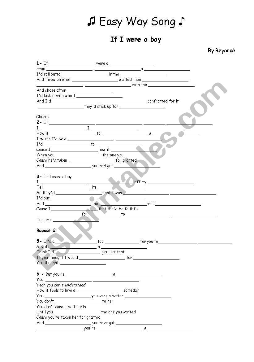 If I were a boy - By Beyonc worksheet