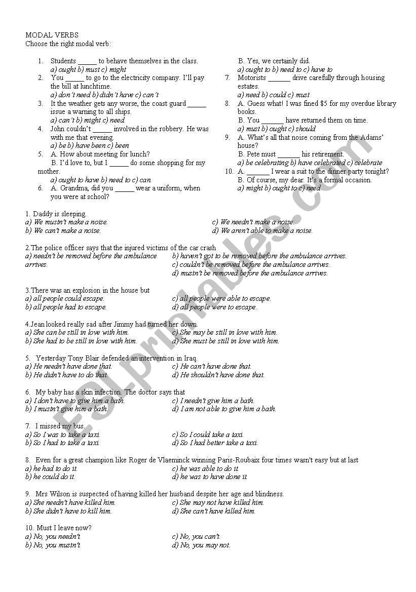 Model verbs test worksheet