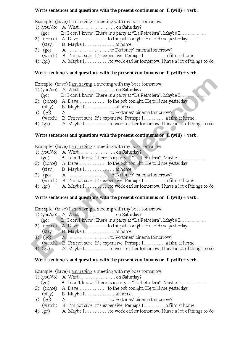 present continuous vs. will worksheet