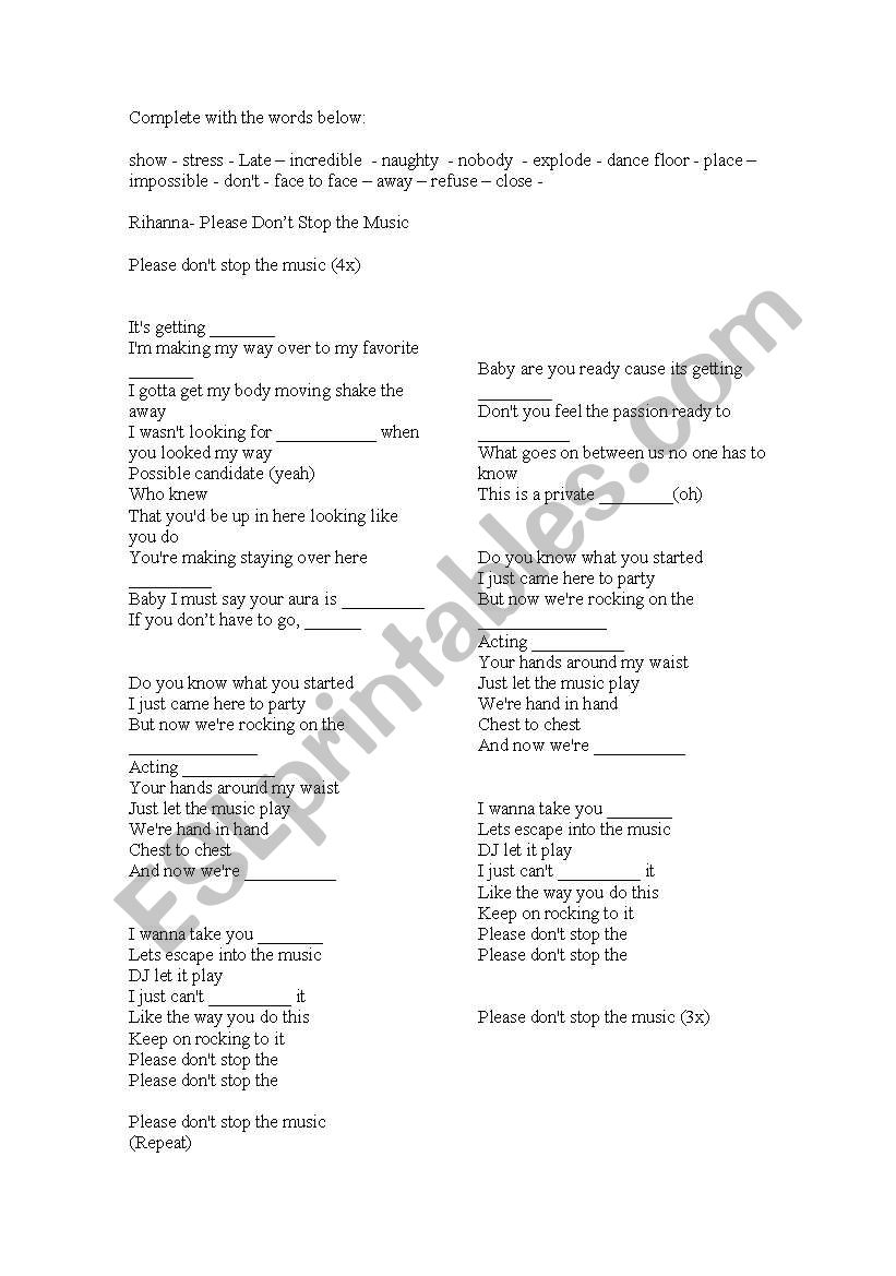 Please dont stop the music worksheet