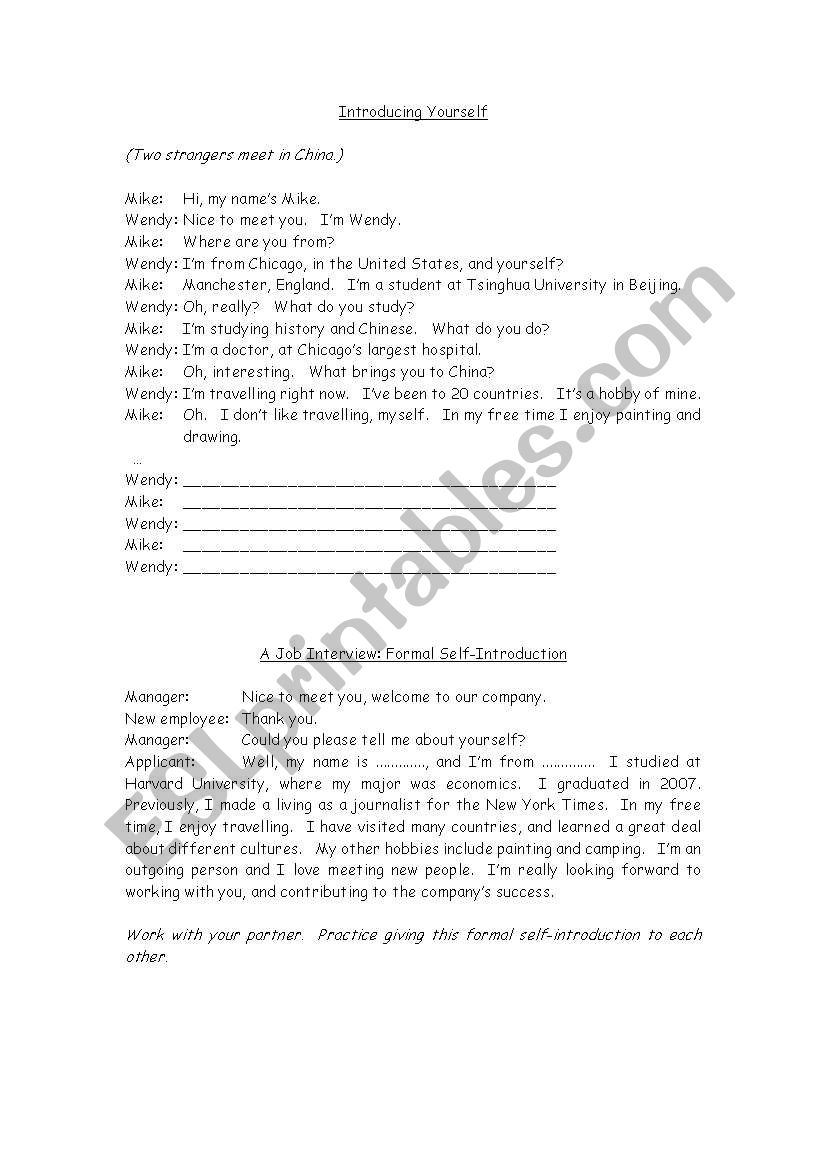 Self-Introductions worksheet