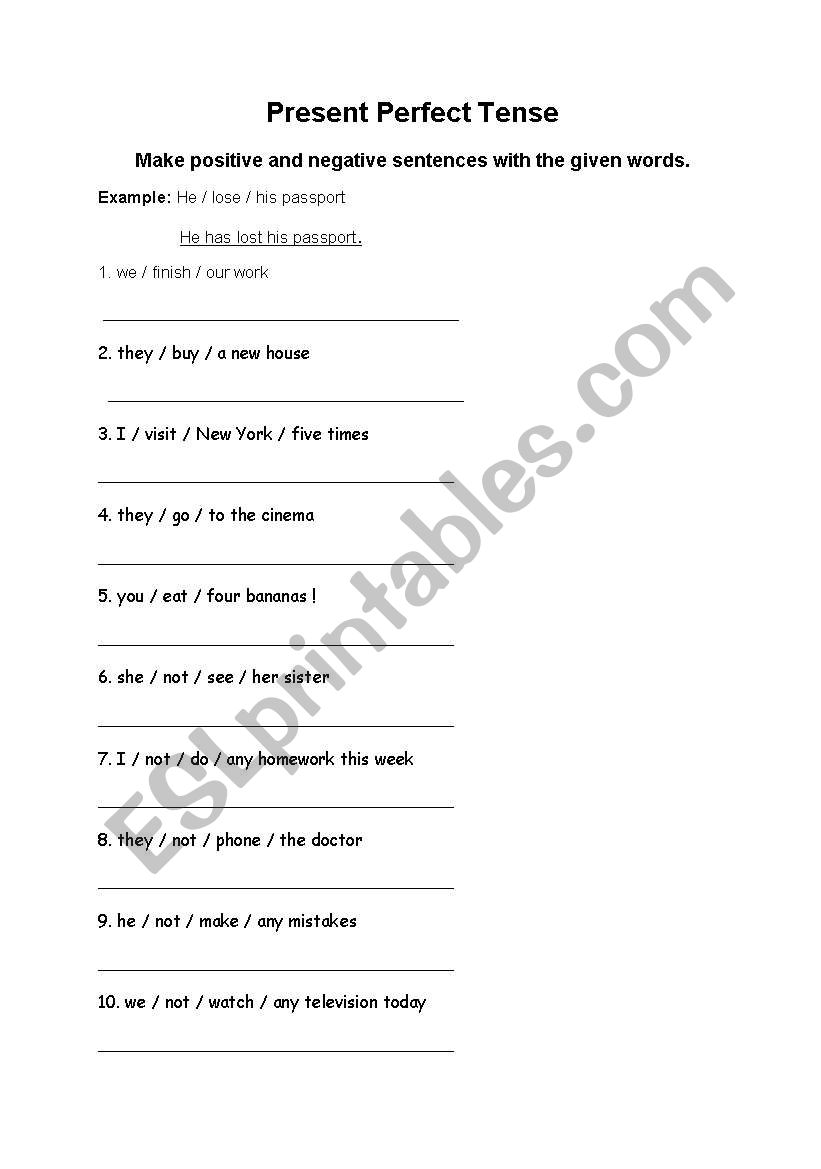 English Worksheets Present Perfect Tense Positive And Negative 