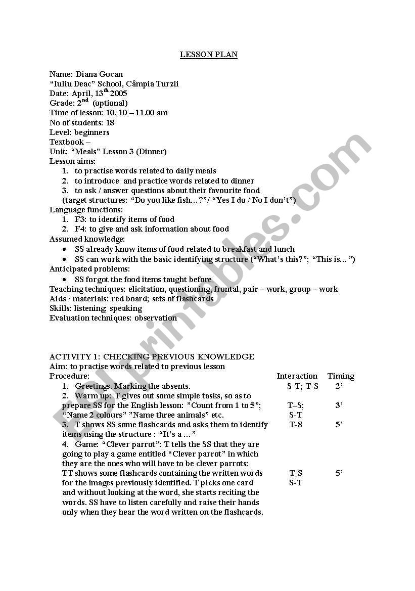 Meals worksheet