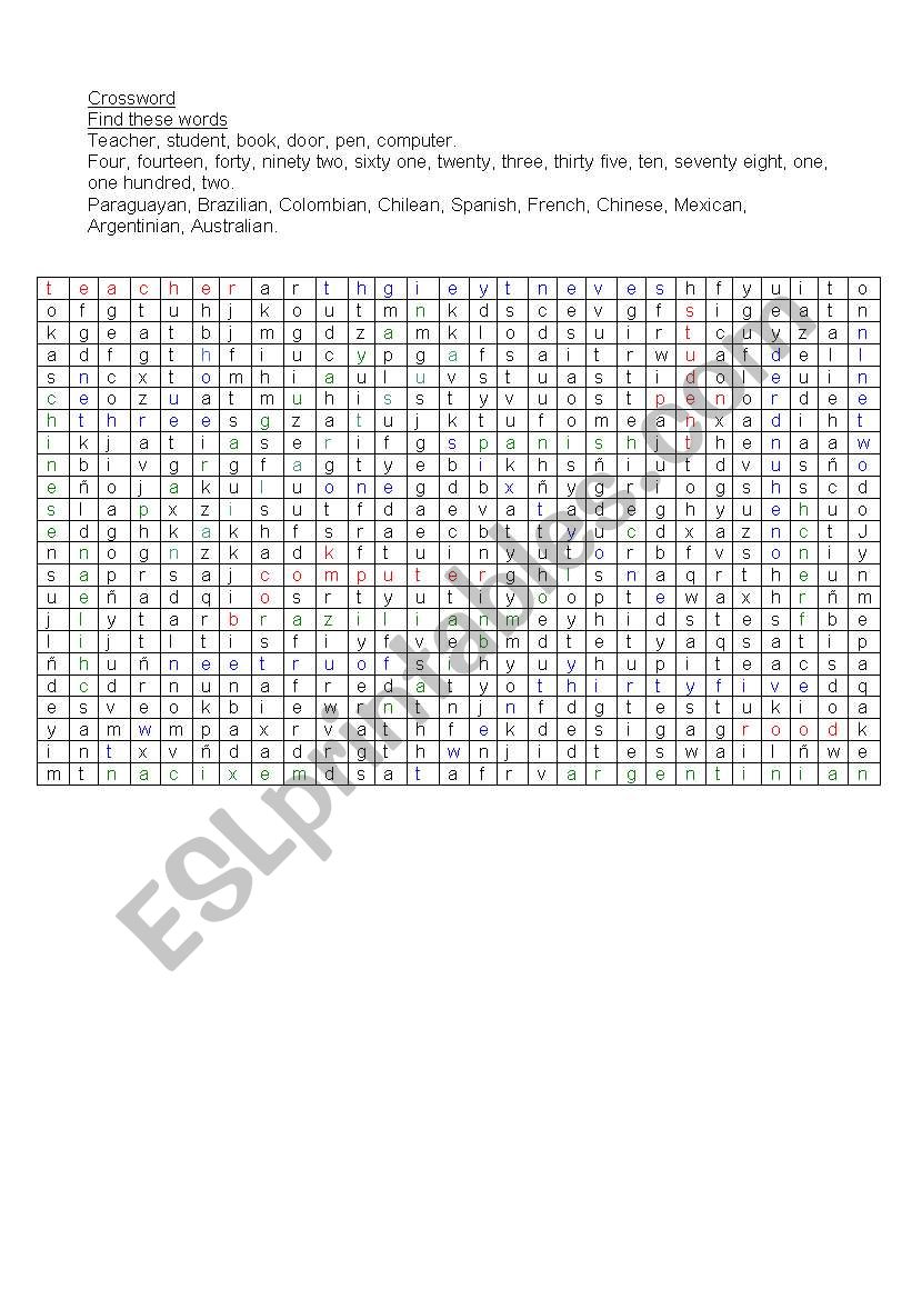 Vocabulary crossword worksheet