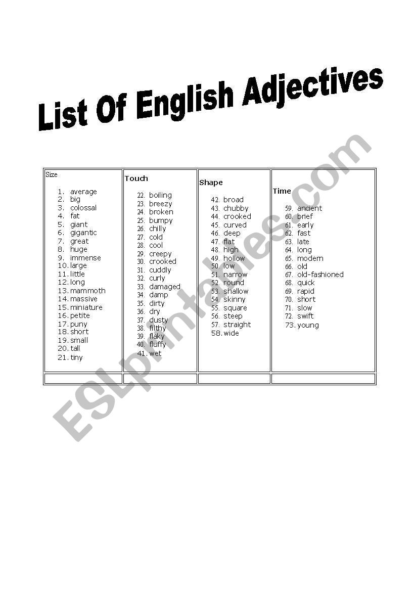 List of English adjectives worksheet