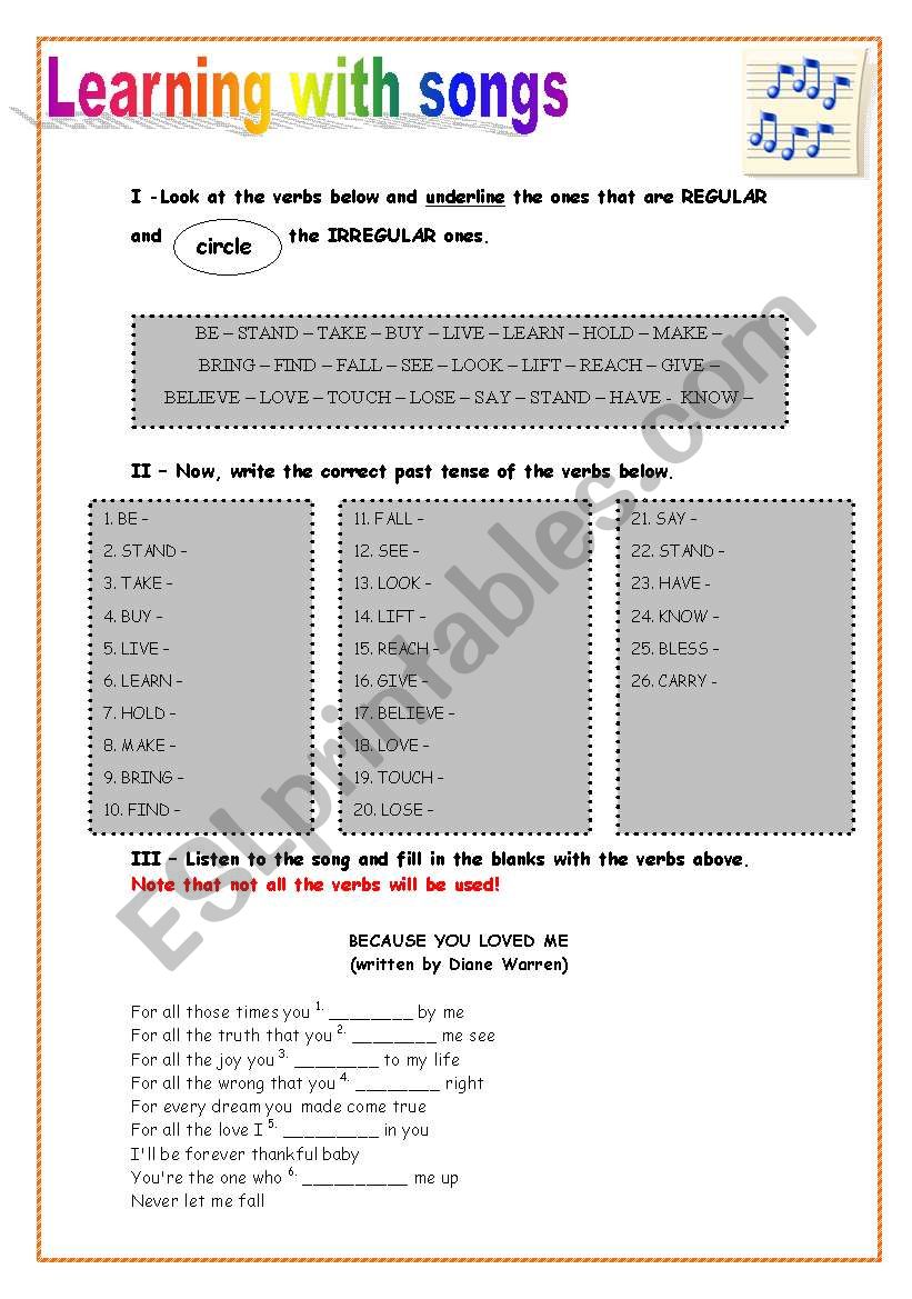 Song - Because you Loved me  worksheet