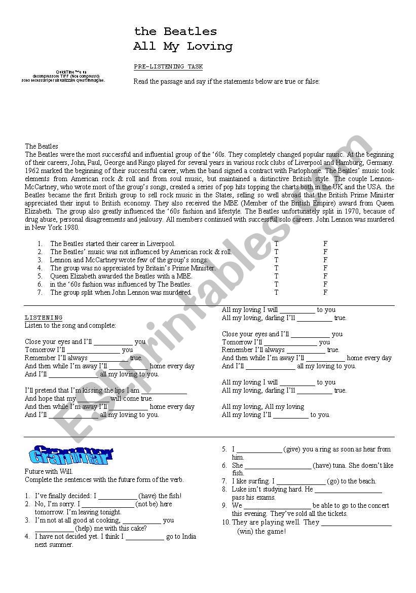 The Beatles - All My Loving worksheet