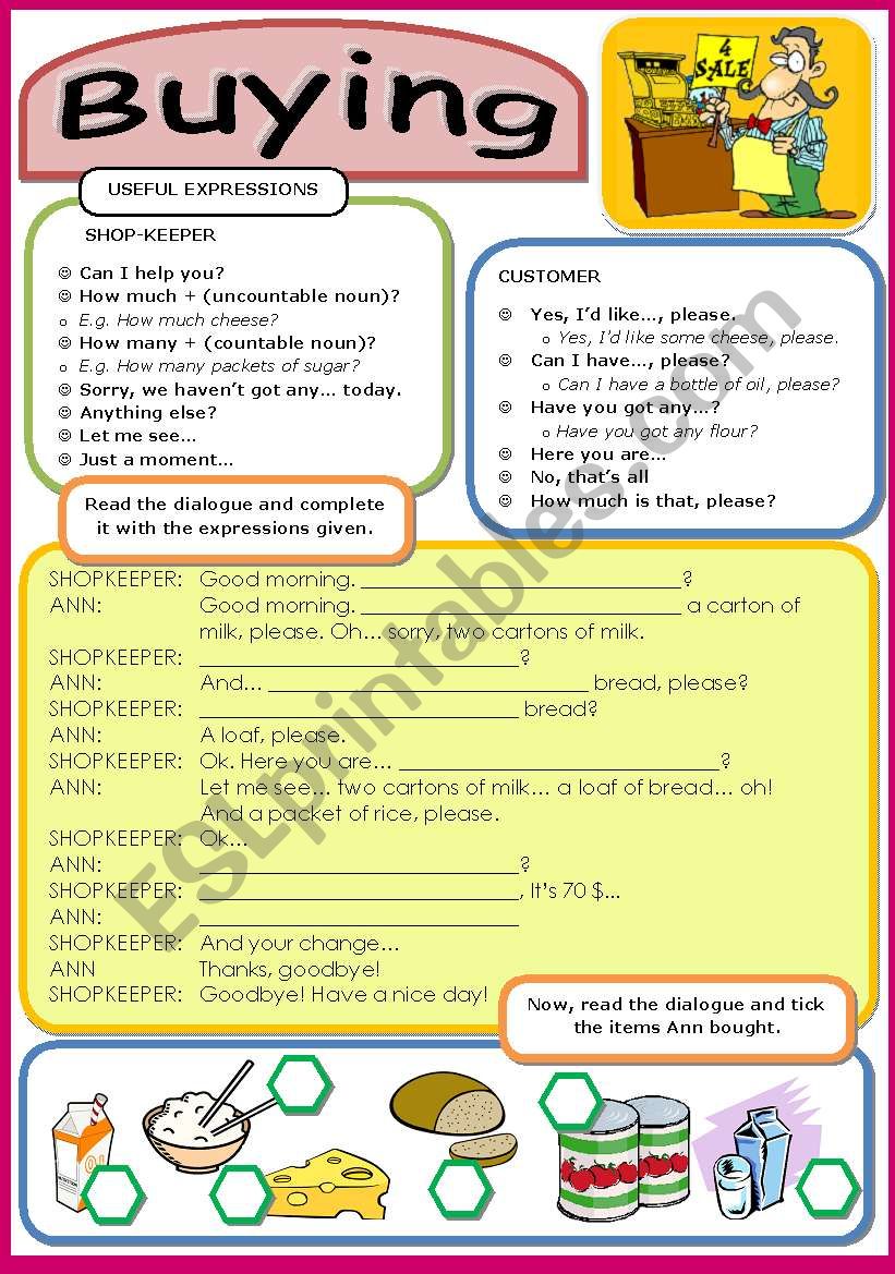 FUNCTIONS Buying Food 17 5 09 ESL Worksheet By Tricia973