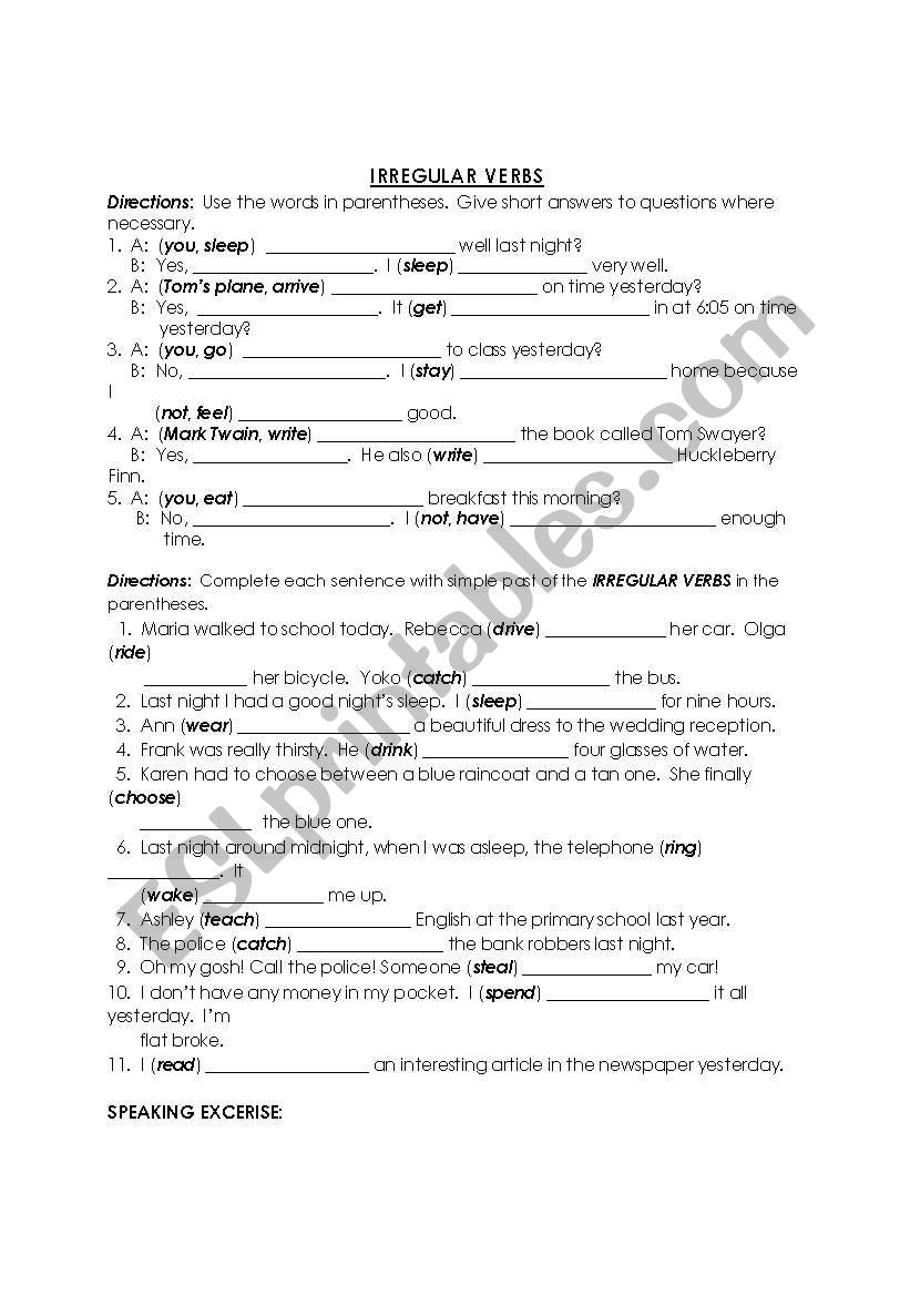 Irregular Past Tense Verbs worksheet