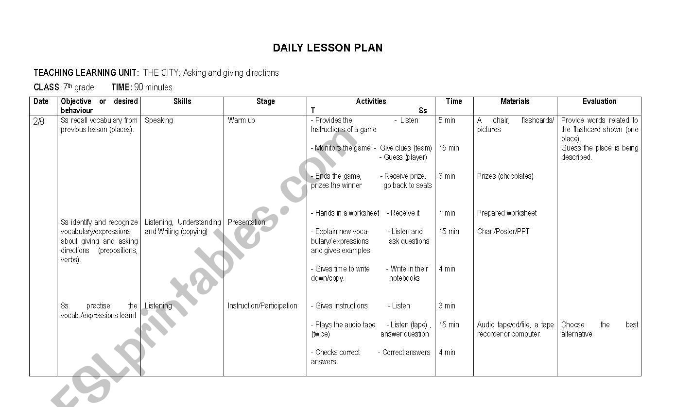 7TH GRADE LESSON PLAN. Contents: Asking and giving directions