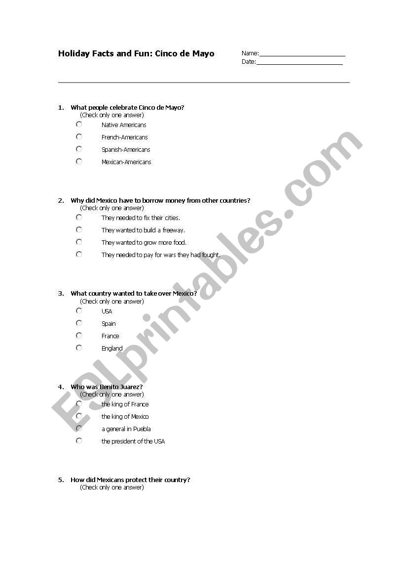 CINCO DE MAYO QUIZZ worksheet