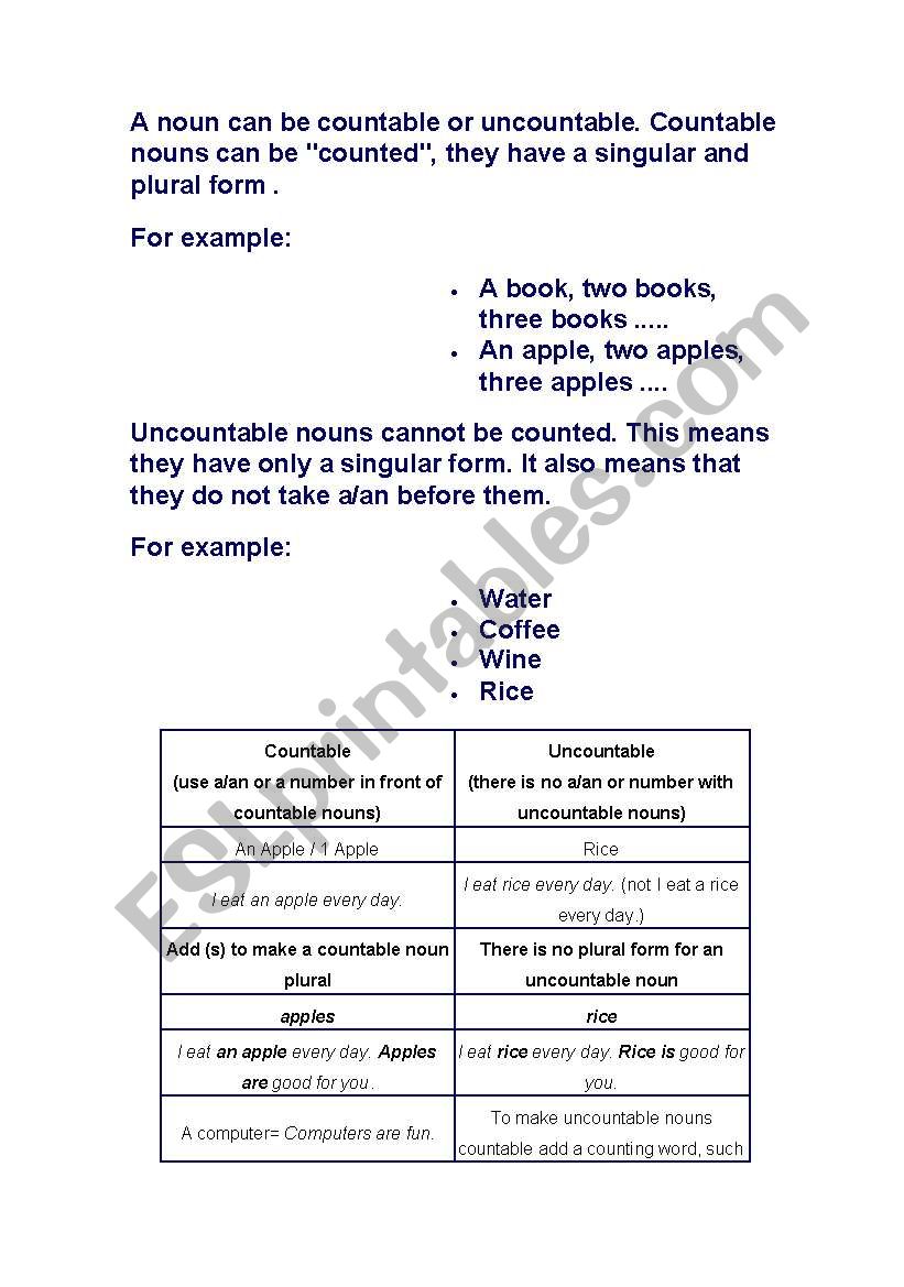 English Worksheets Countables And Uncountables Nouns