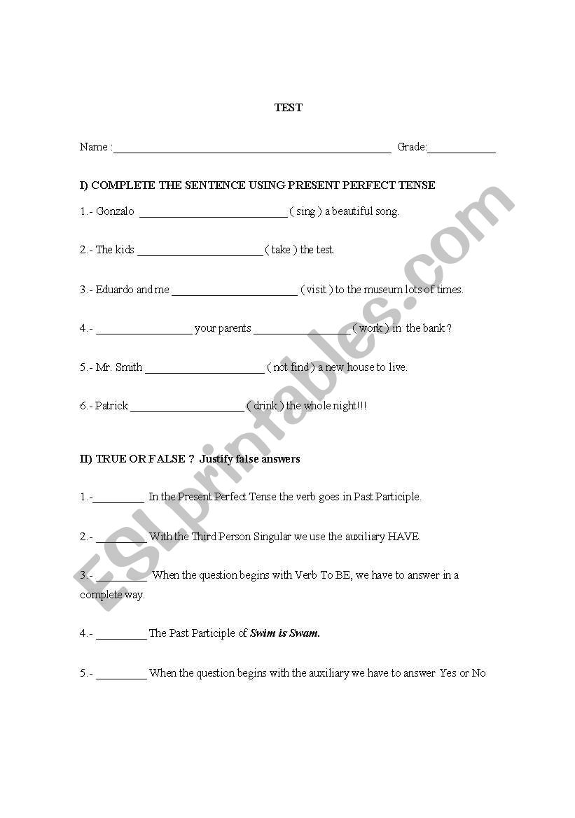 Present Perfect Tense, activity