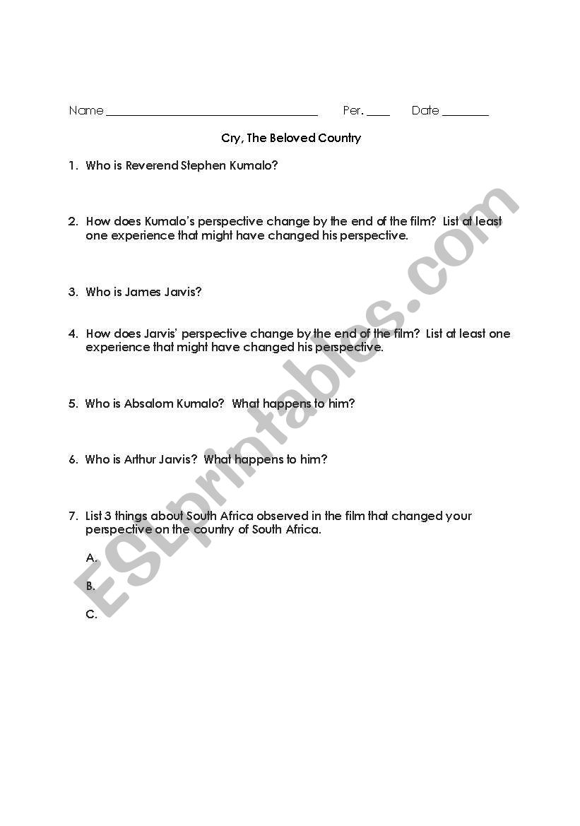 Cry the Beloved Country worksheet