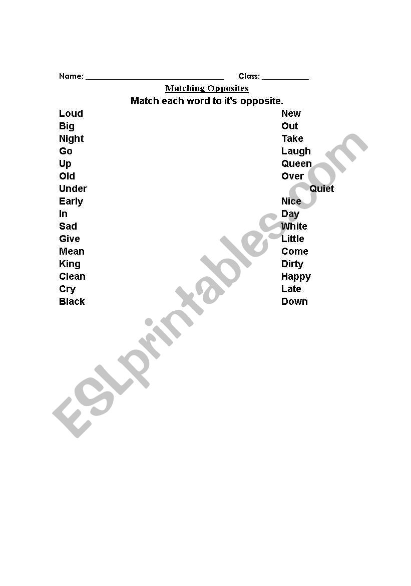 Matching opposites worksheet