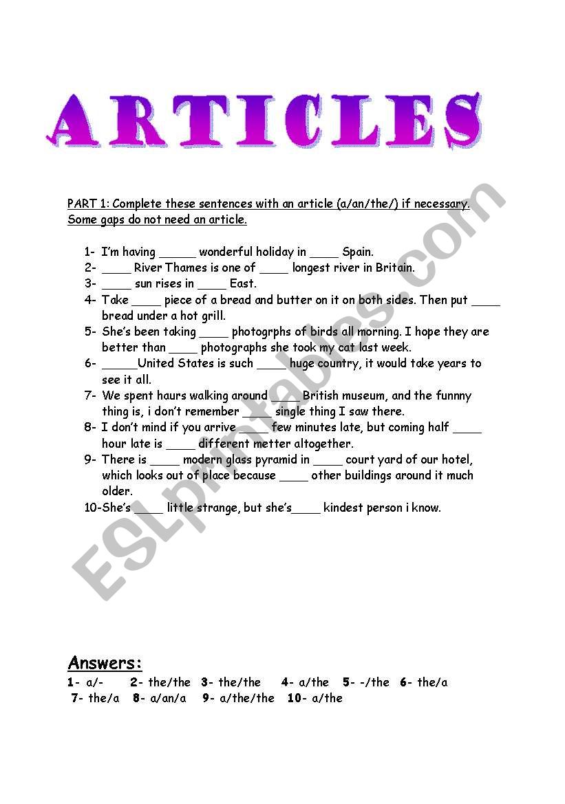 article exercise worksheet