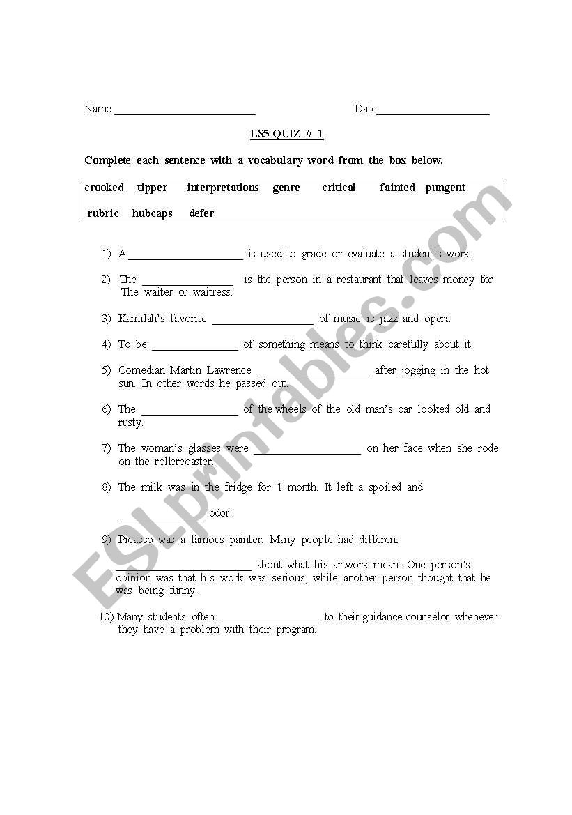 vocabulary worksheet