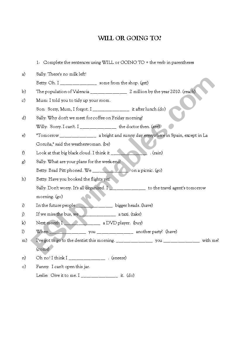 Will or Going to? worksheet