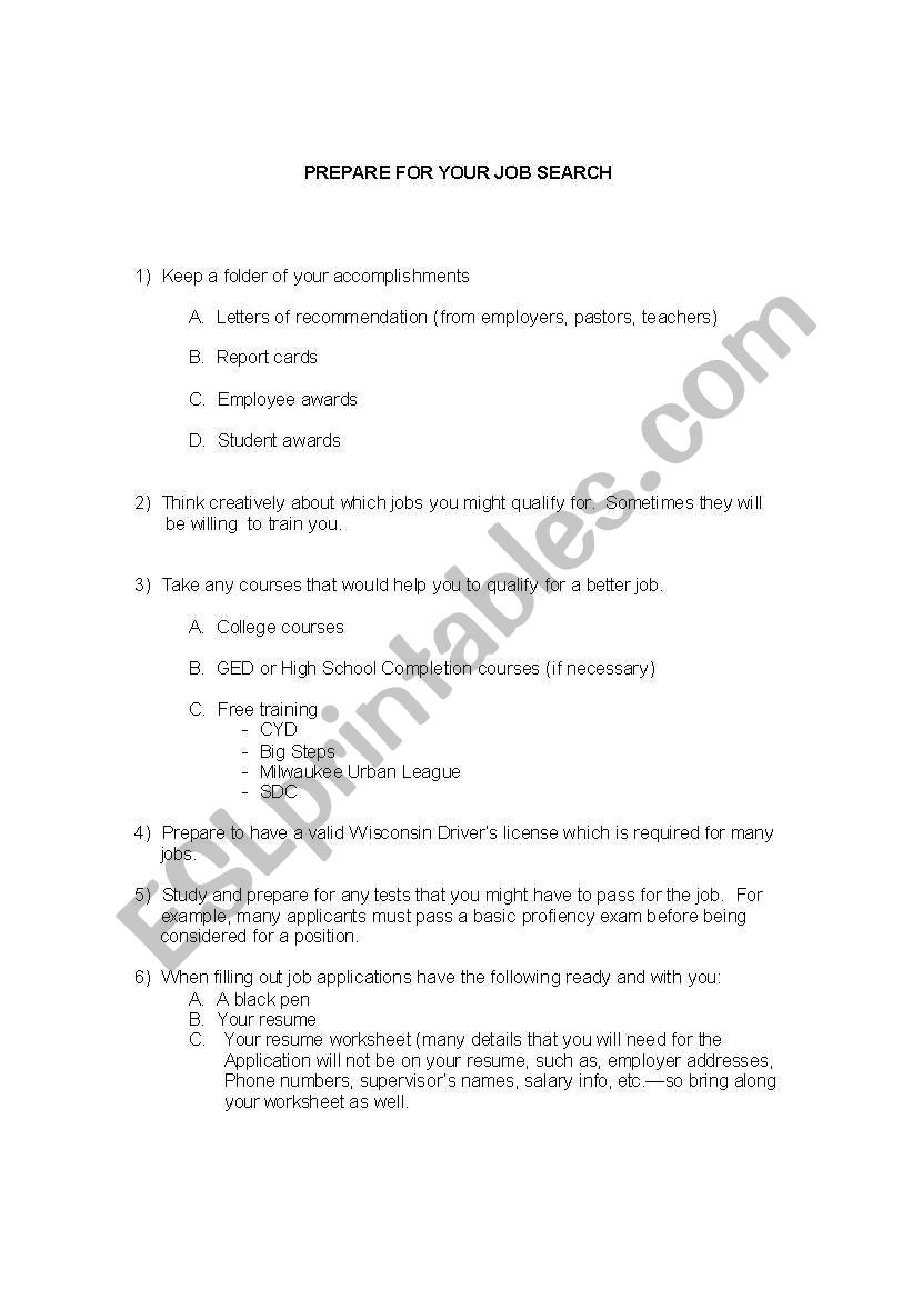 Prepare For Your Job Search worksheet