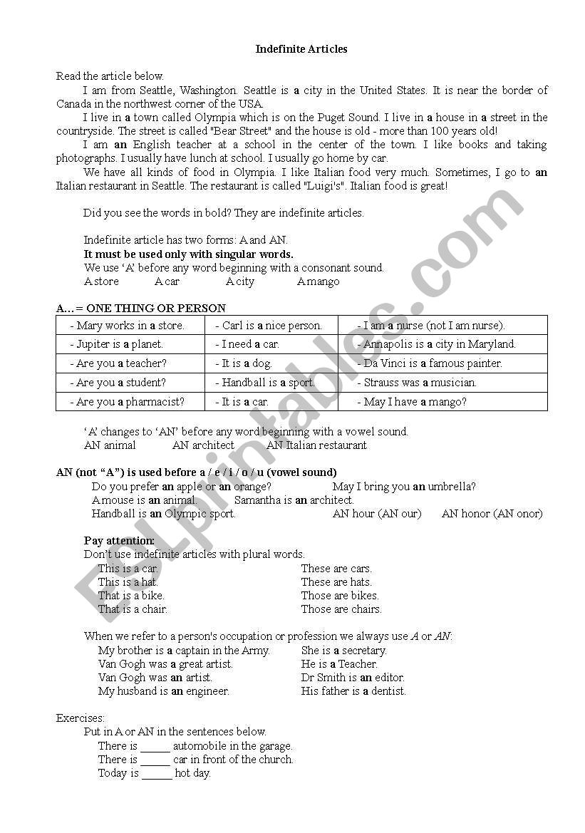 Indefinite article - with exercises