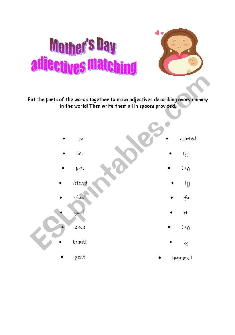 English Worksheets Mother´s Day Adjectives Matching