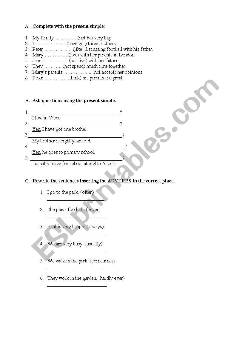 Family in the present worksheet