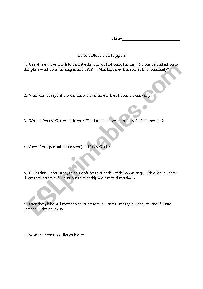 In Cold Blood Quiz Questions to pg. 52