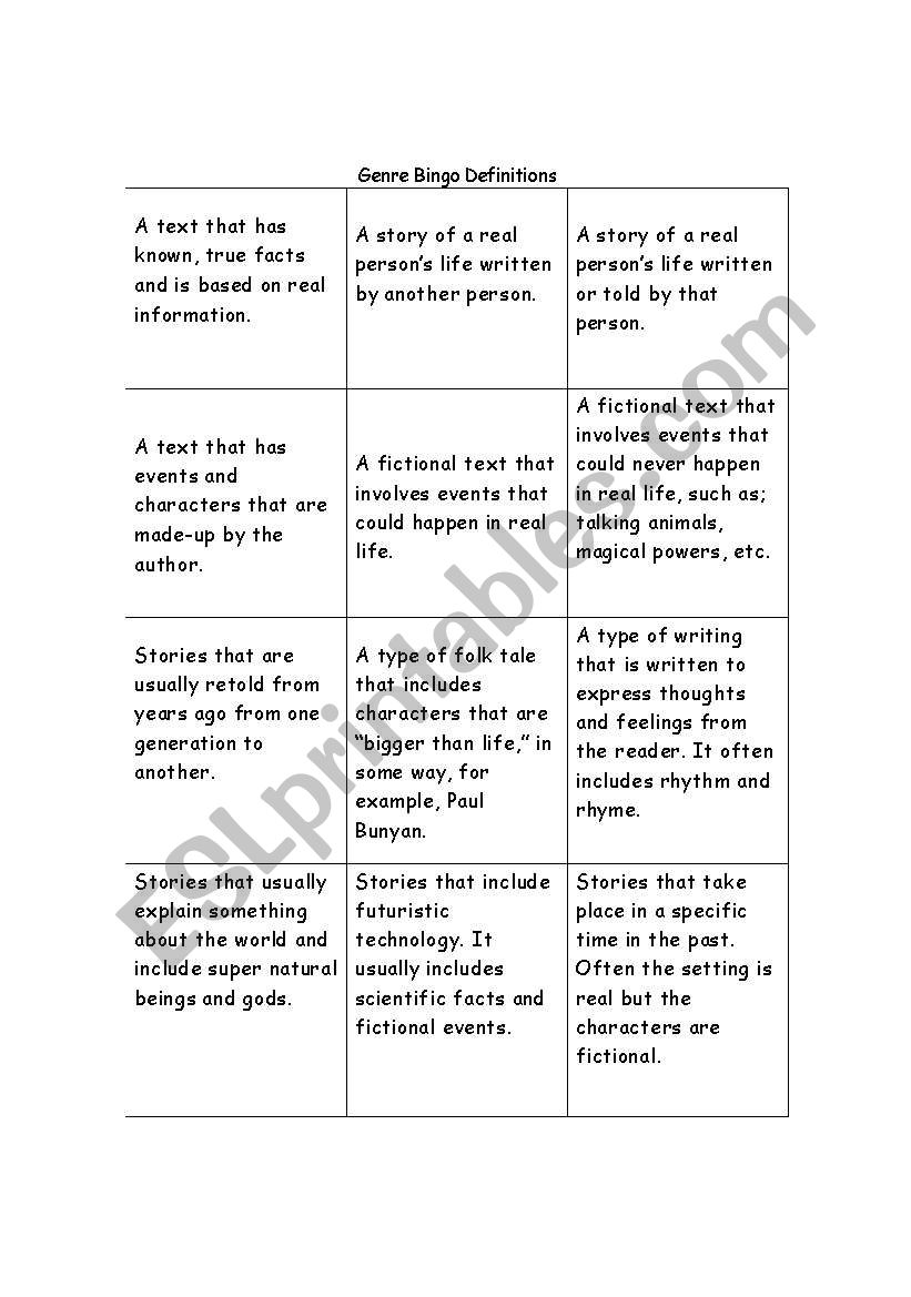 Genre Bingo worksheet