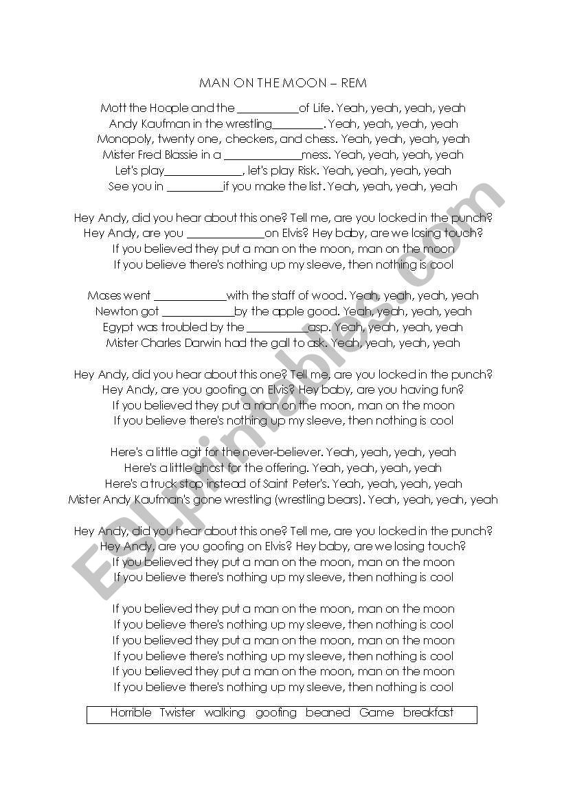 REM song cloze worksheet