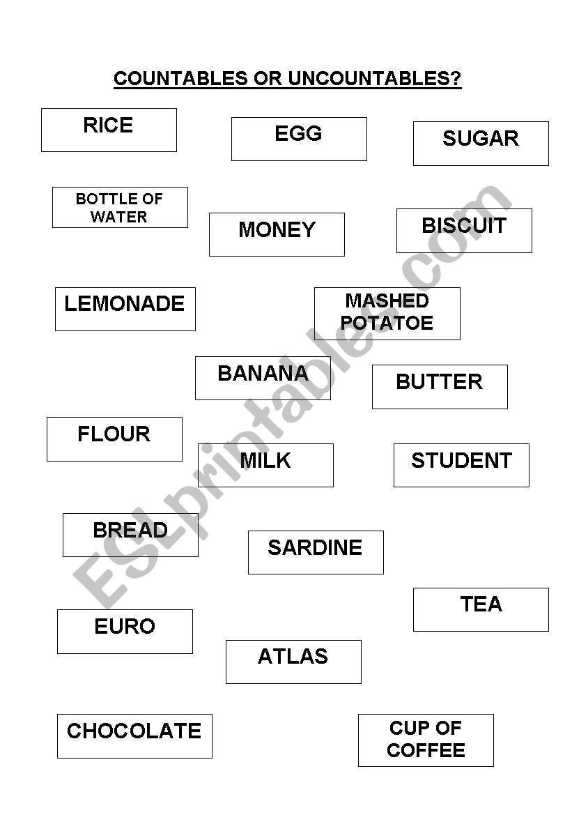 countables or uncountables worksheet