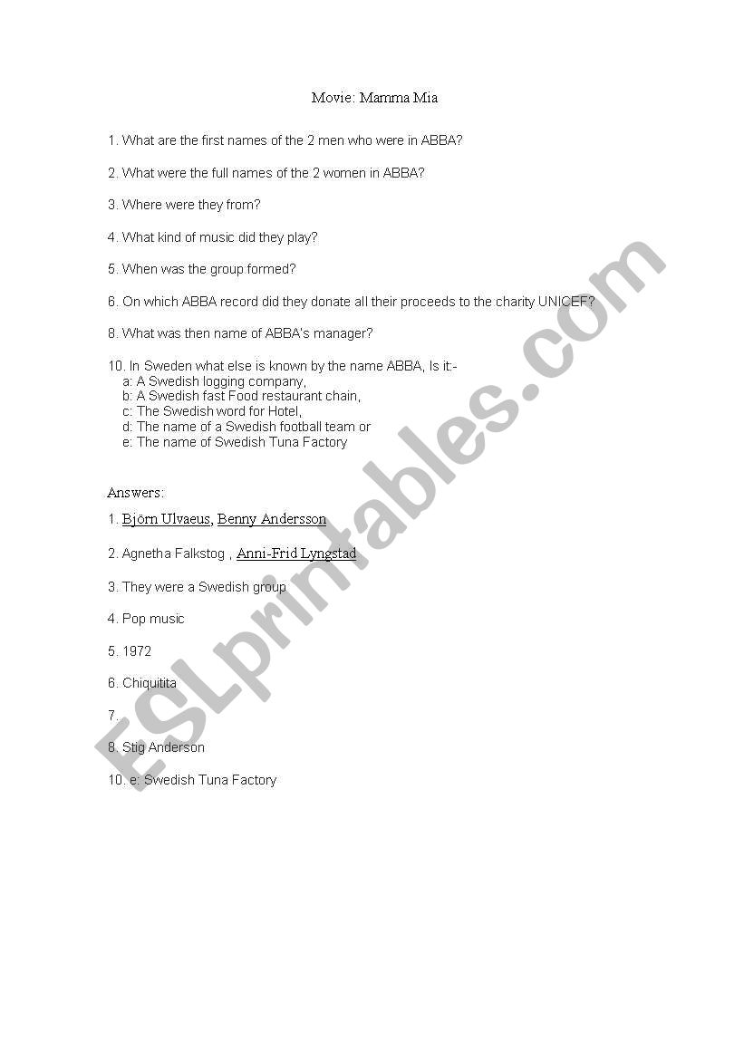 Abba worksheet