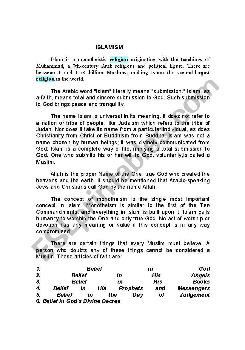 Presentation of religions worksheet