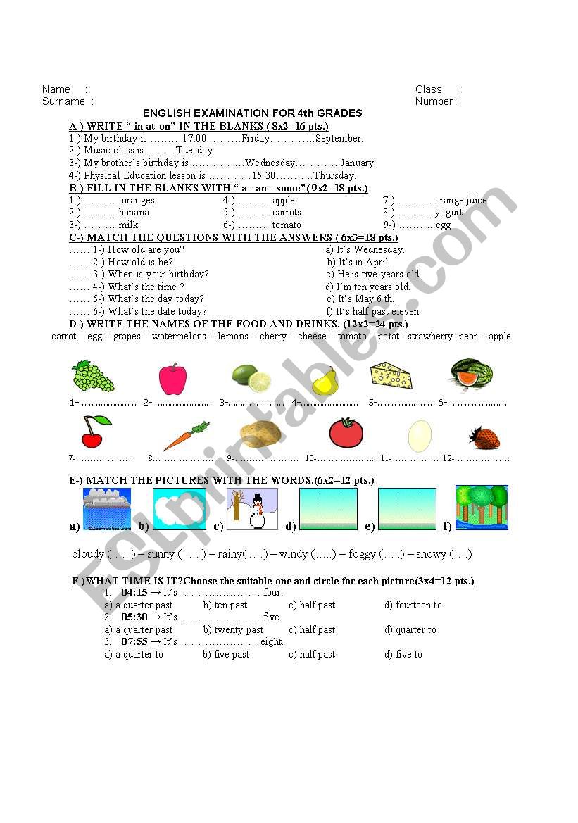 exam paper /revision worksheet