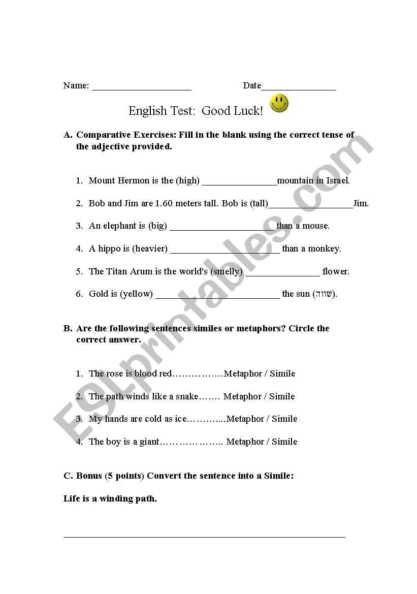 Comparitive Form test worksheet