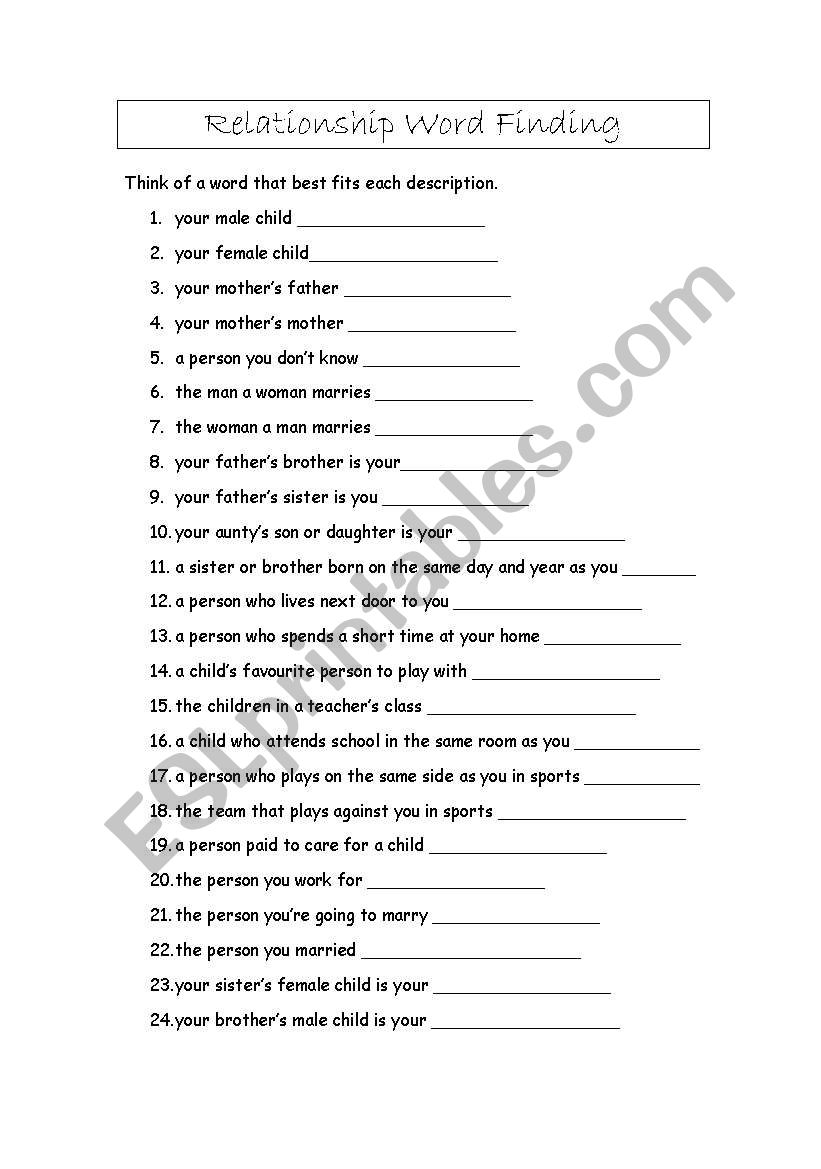 Relationship Word Finding worksheet