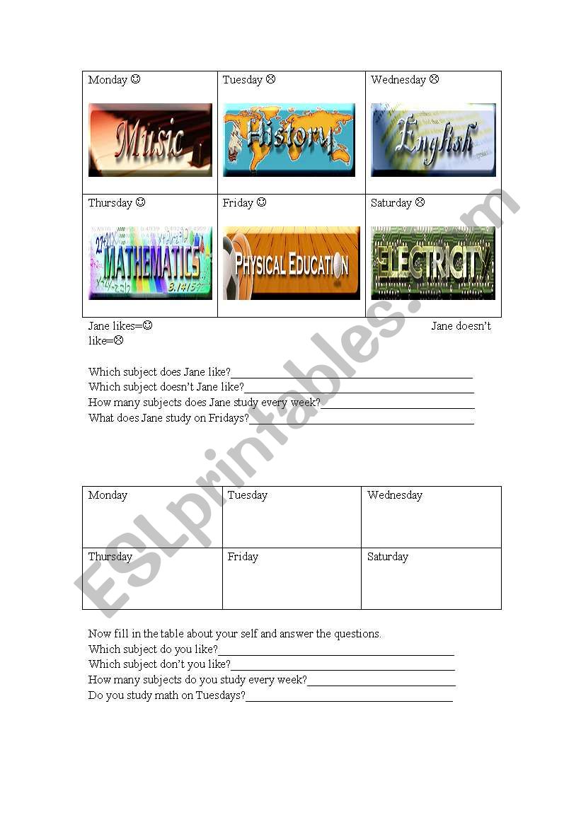 timetable for school subjects worksheet