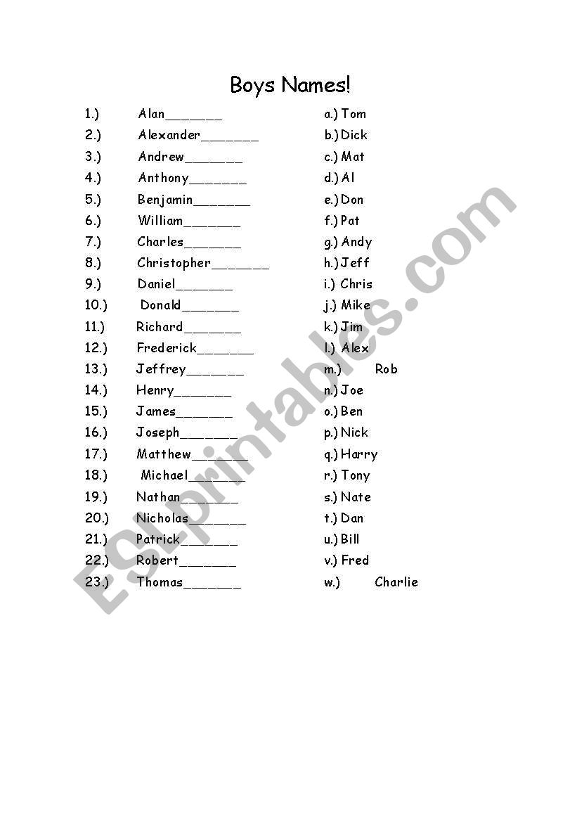 Common Boys Nicknames worksheet