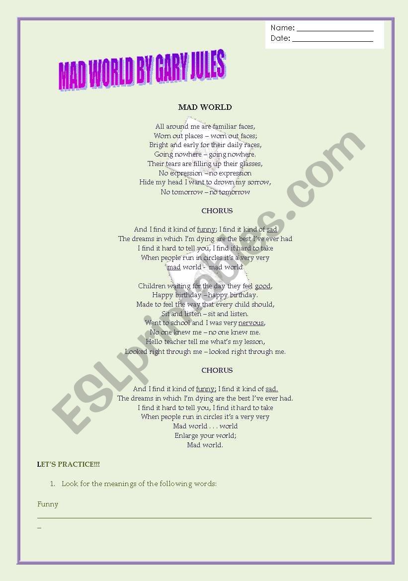 English Worksheets Mad World Song By Gary Jules