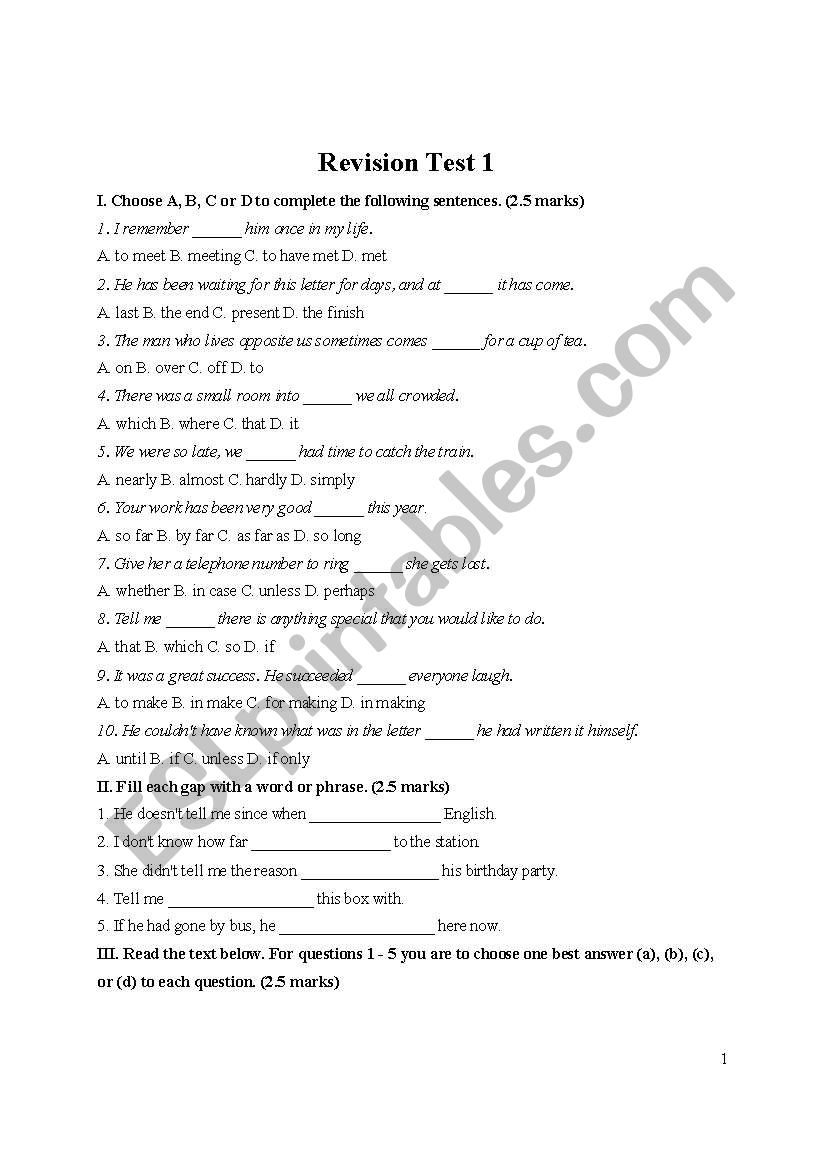 revision tests for grade 10  worksheet