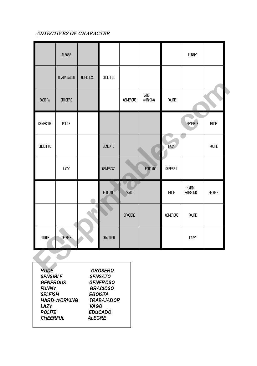 Adjectives of character worksheet