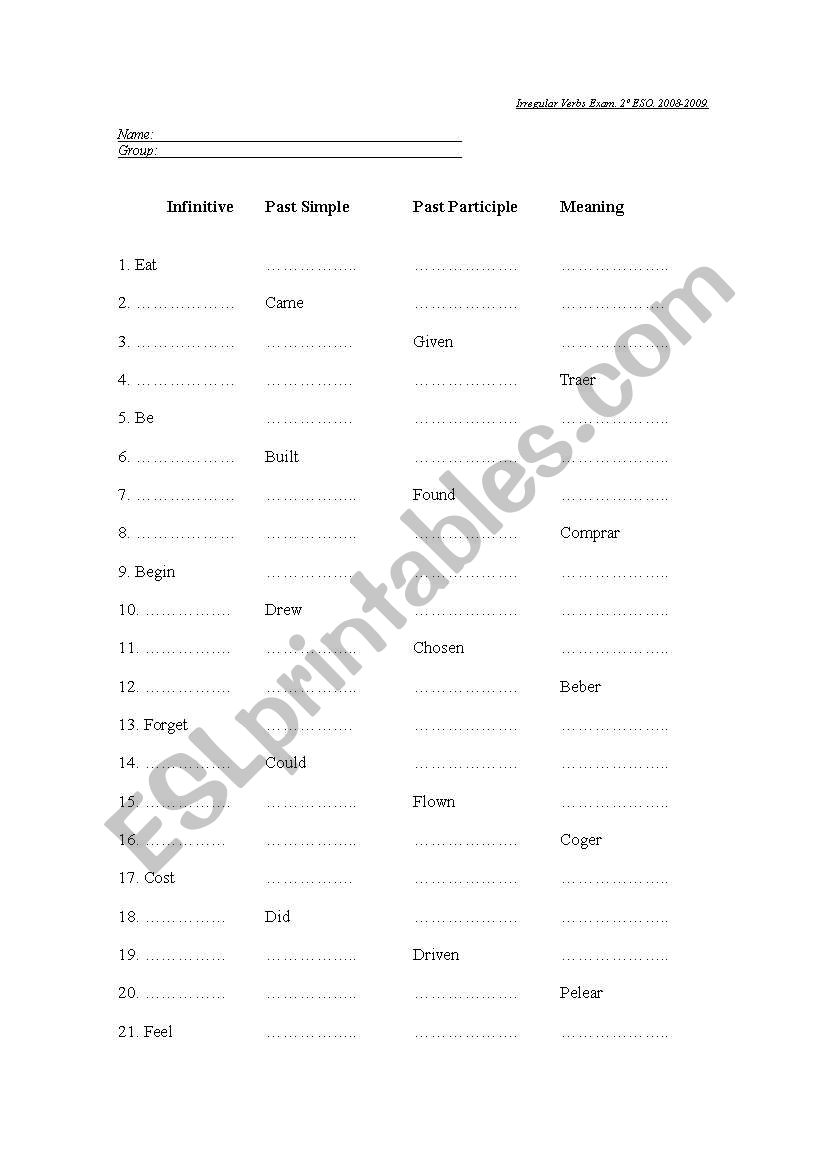 irregular verbs test worksheet