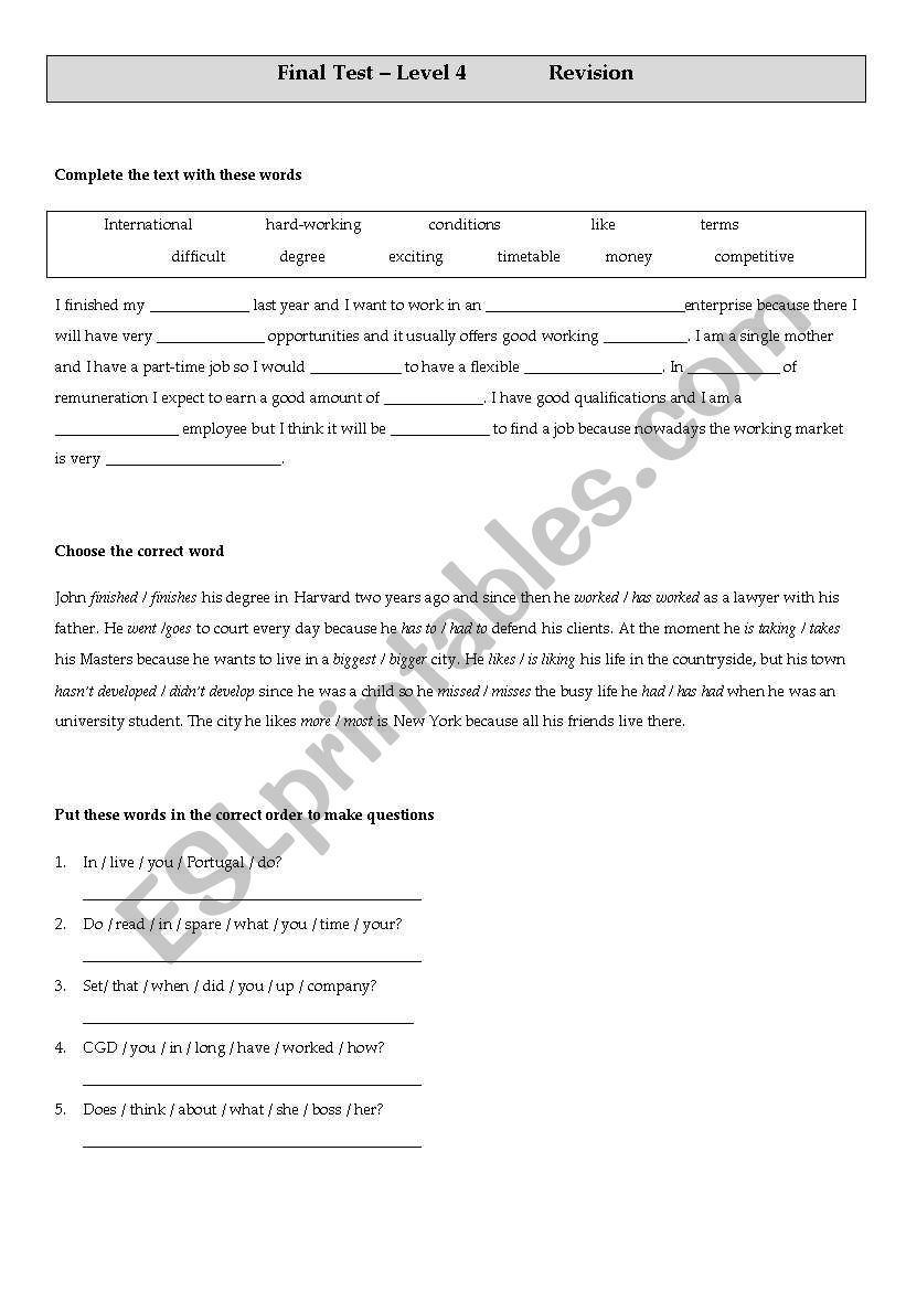 verb tenses - revision worksheet