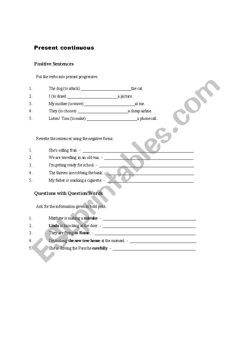 Present continuous test worksheet